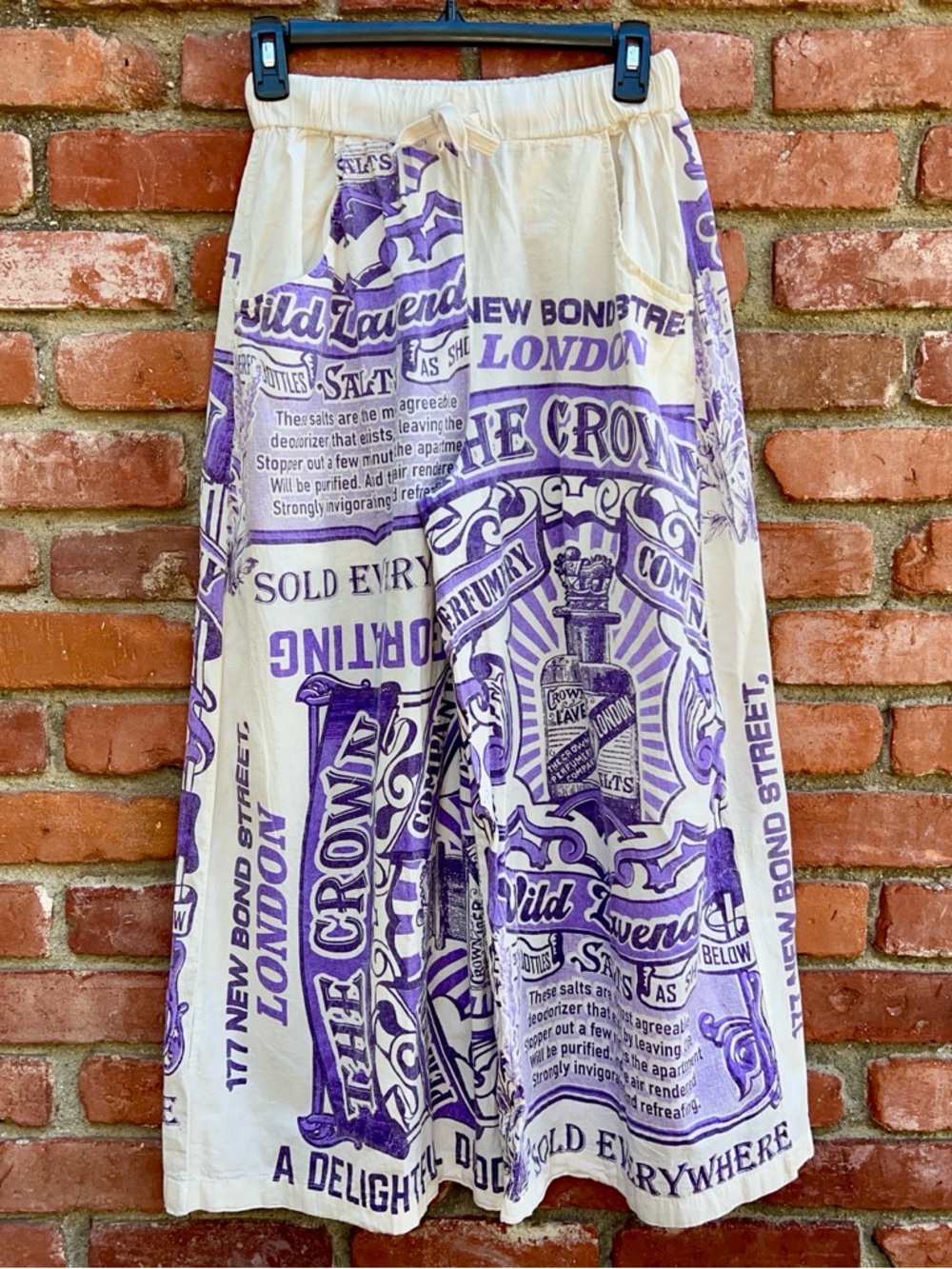 Vintage Print Wide Cropped Cotton Pant - Purple on Cream NWOT